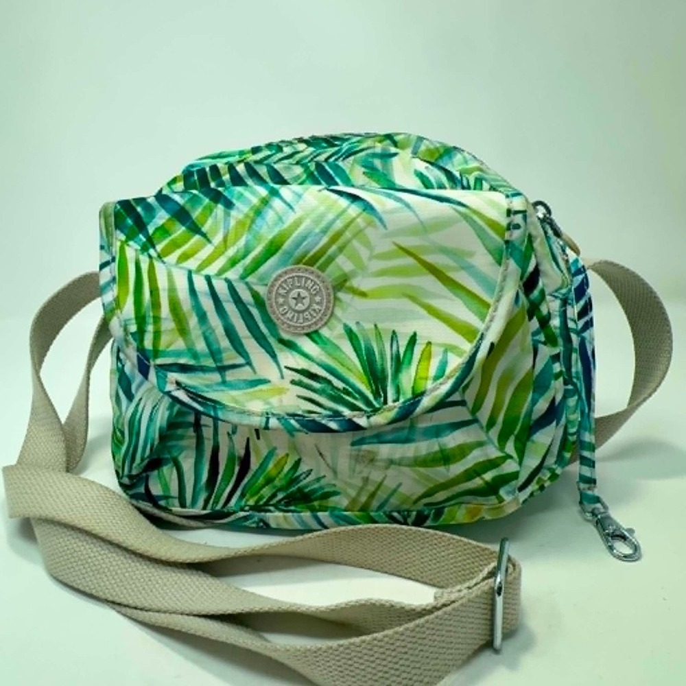 Kipling Tropical Palm Leaf Print Crossbody Messenger Bag Green White Adjustable